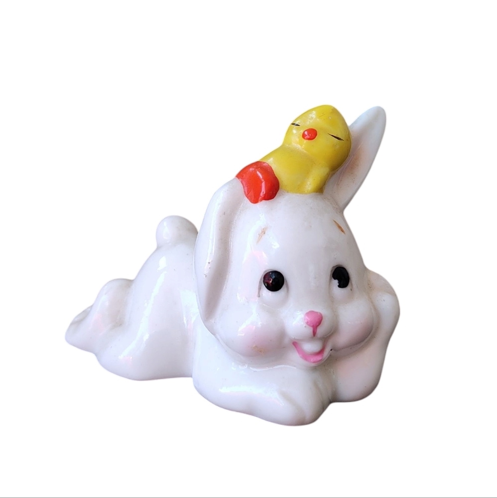 Tiny Vintage 80s Casual Bunny And Sleepy Baby Chick Figurine 1980s